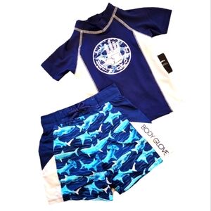 NWT Body Glove Shark 2 Piece Swimsuit Rashguard & Swimtrunks